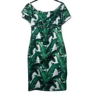 UNBRANDED | Ruffle Off The Shoulder Tropical Palm Print Dress | Size L